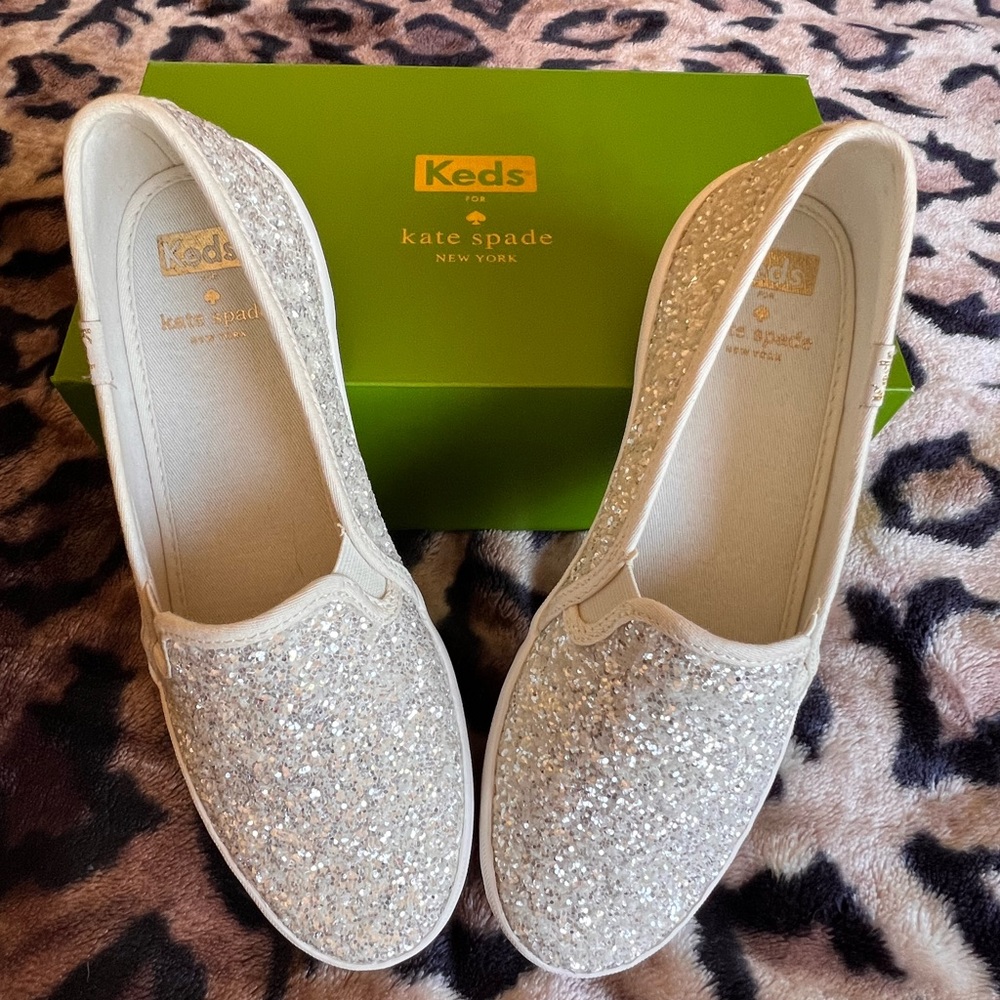 Keds Kate Spade New York Double Decker White Glitter Slip-On Shoe Sz 9 Brand New
